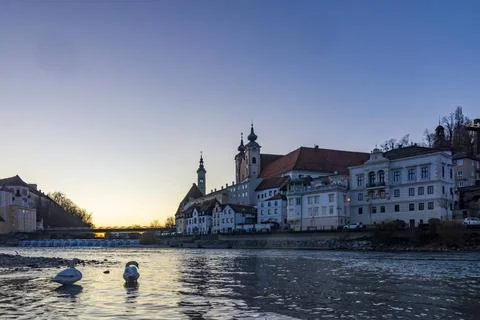 Confluence of river Enns and Steyr, Schloss Lamberg Castle, church Bürgers.. Stock Photos