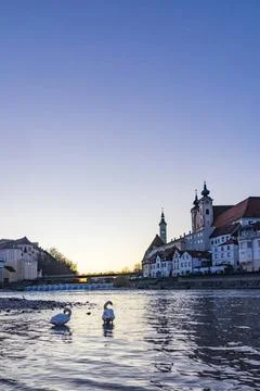Confluence of river Enns and Steyr, Schloss Lamberg Castle, church Bürgers.. Stock Photos