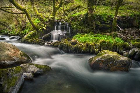 Confluence of a small stream and a river channeled with old slab walls Stock Photos