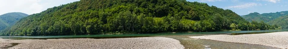 Confluence of two mountain rivers big panorama take-07455 Stock Photos