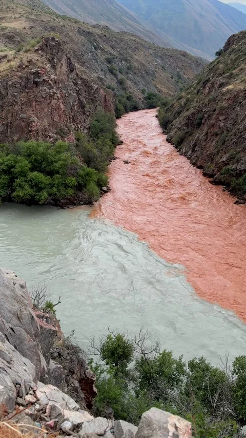 Confluence of two rivers different colors into one. Unusual natural landscape Stock Footage 325516953