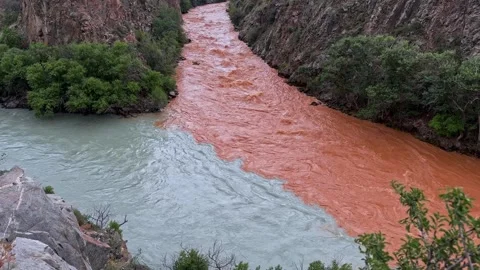 Confluence of two rivers different colors Chu and Chon-Kemin into one Kyrgyzstan Stock Footage 325516991