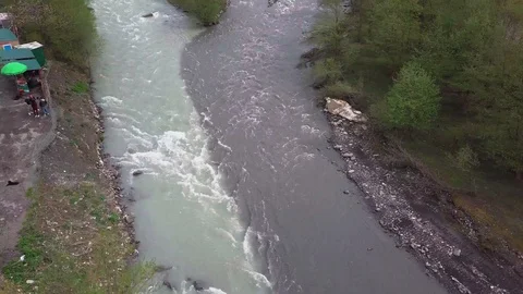 Confluence of Two Rivers in a Mountain Valley, Georgia Stock Footage 129251448