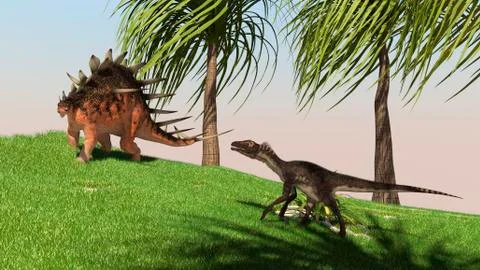 Confrontation between a Kentrosaurus and a Utahraptor. Stock Illustration