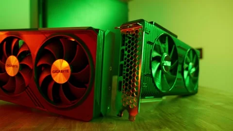 Confrontation between the two largest vendors of graphics cards. Close up GPU Stock Footage 276913058