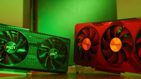 Confrontation between the two largest vendors of graphics cards. Close up GPU Stock Footage 279024864