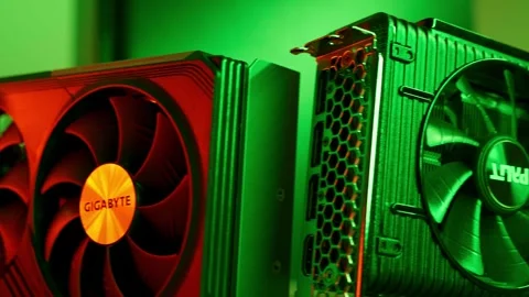 Confrontation between the two largest vendors of graphics cards. Close up GPU Stock Footage 279025031