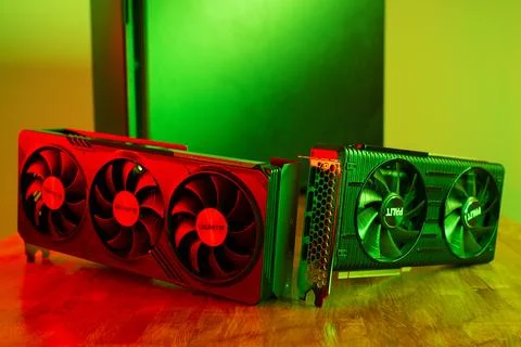Confrontation between the two largest vendors of graphics cards. Close up GPU Stock Photos
