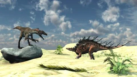 Confrontation between a Utahraptor and a Kentrosaurus. Stock Illustration