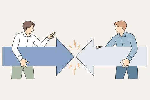 Confrontation business men arguing about company strategy and holding arrows in Stock Illustration