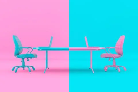 Confrontation Concept. Pink and Blue Boss Chairs, Laptops and Desk as Duotone 스톡 일러스트