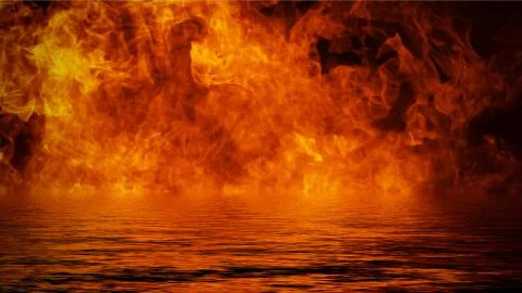 The confrontation of water vs fire. Mystical flame with reflection on the sho Stock Illustration