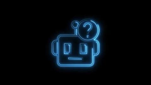 Confused ai robot head with glowing neon question mark on black background Stock Footage 314540954