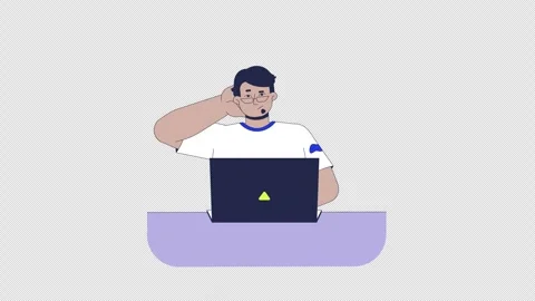 Confused arab man using laptop while scratching back of head character animation Stock Footage 311978355