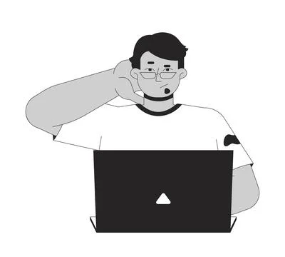 Confused arab man using laptop while scratching back of head 2D line character 스톡 일러스트