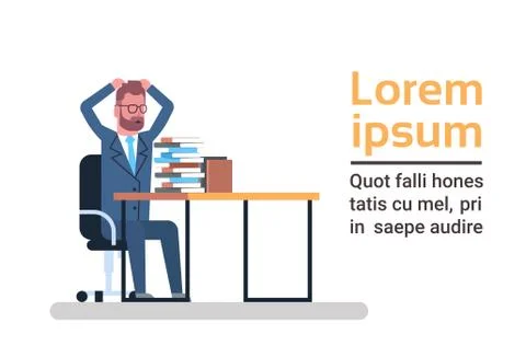 Confused Business Man Look At Stack Of Papers Holding Head Overloaded And Tired Illustrazione stock