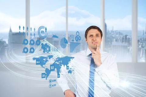 Confused businessman with global interface 스톡 일러스트