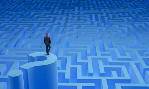 A confused businessman thinking the solution way while standing on a question Stock Illustration