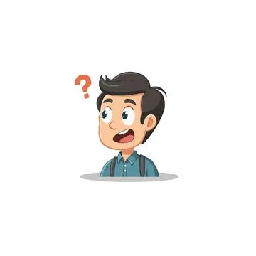 Confused cartoon boy with a question mark displays uncertainty and thoughtf.. Stock Illustration