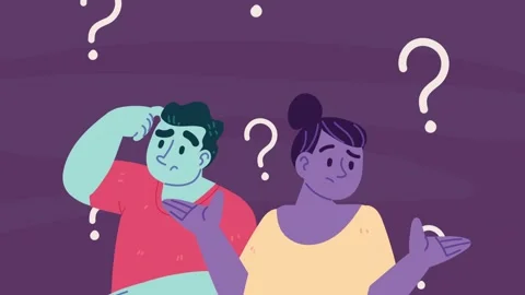 Confused cartoon characters standing with question marks floating around th.. Vídeos de archivo 339267489