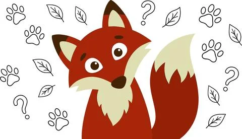 Confused Cartoon Fox Surrounded by Question Marks and Paw Prints. Stock Illustration