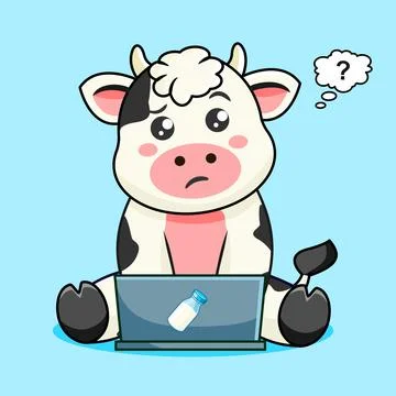 Confused Cow Working on Laptop Vector Illustration Stock-Illustration