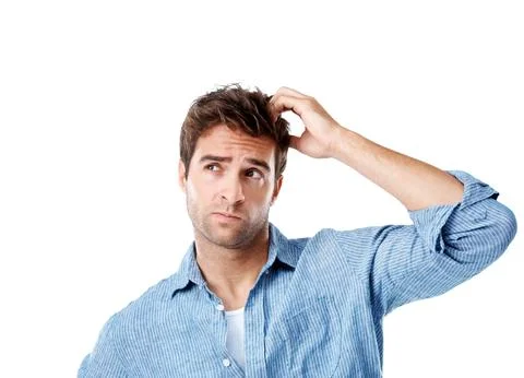 Confused, doubt and man in studio with problem solving or decision for creative  Stock Photos