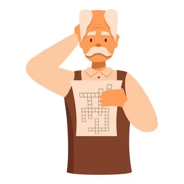 Confused elderly man trying to solve crossword puzzle, scratching head in t.. Stock Illustration