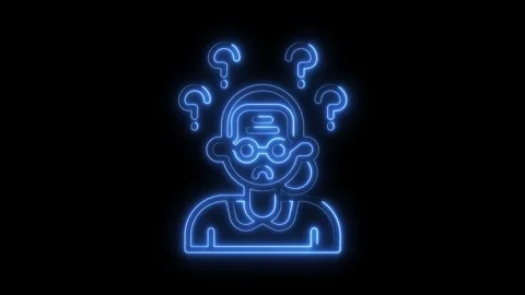 Confused elderly woman surrounded by question marks glowing in neon blue on Stock Footage 322968287