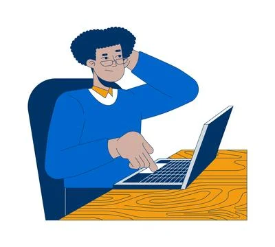 Confused hispanic office worker clicking keyboard laptop 2D cartoon character Stock Illustration