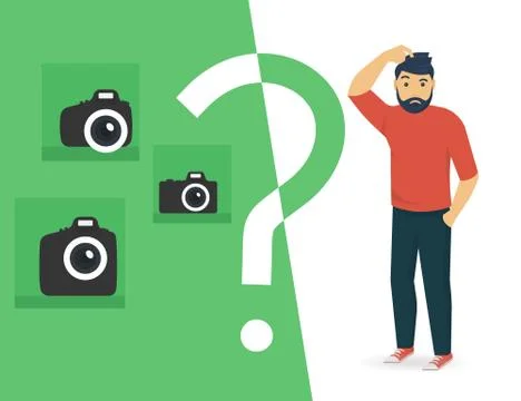 Confused man is choosing a camera Illustrazione stock