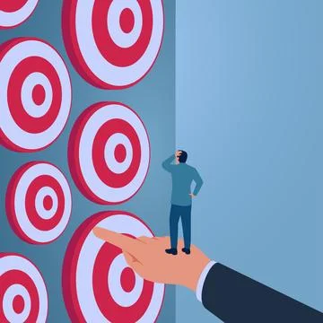 A confused man choosing a target assisted by a pointing hand, an illustrati.. Illustrazione stock