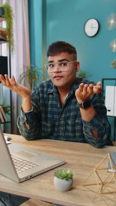 Confused man feeling embarrassed about ambiguous question having doubts no idea Stock Footage 292463982