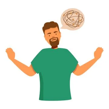 Confused man gesturing with tangled thoughts in speech bubble Stock Illustration