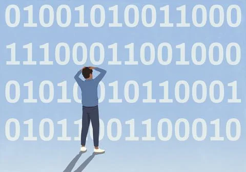 Confused man with head in hands looking at rows of binary code on blue Stock Illustration