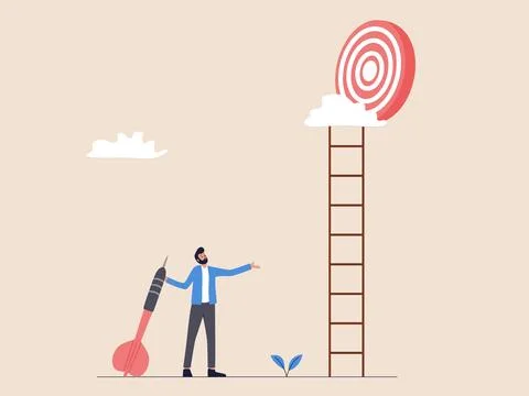 Confused Man Holding Arrow, Target High on Stairs: Ambition Challenge Stock Illustration