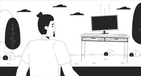 Confused man looking at computer desk appearing in park black and white line  Stock Illustration