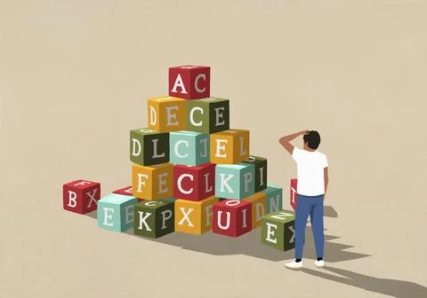 Confused man looking at stack of alphabet blocks Stock Illustration