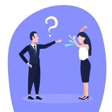 Confused man question mark woman quarrel business conflict situation people Illustrazione stock