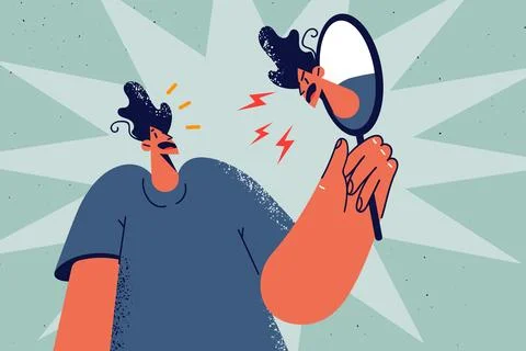 Confused man see angry reflection in mirror Stock Illustration