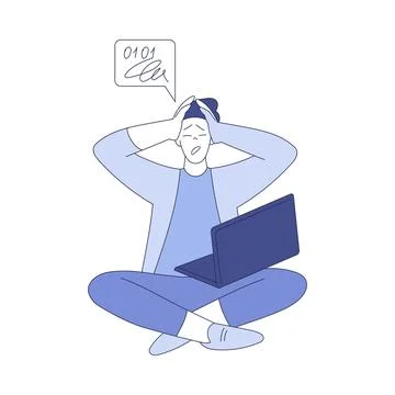 Confused Man Sitting with Laptop Computer Programming Vector Illustration Stock Illustration
