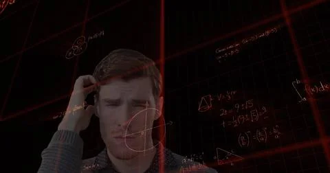 Confused man solving complex math equations on virtual screen, deep in thought Stock Photos