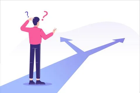 Confused man standing at crossroads. Difficult choice between two options. De Stock Illustration