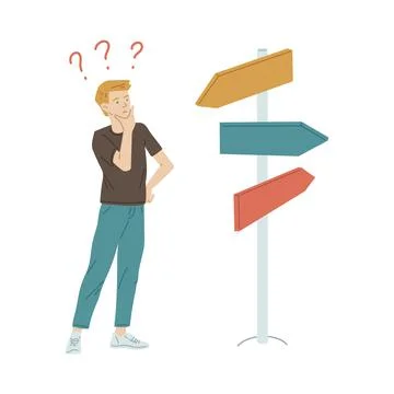 Confused man standing in front of path sign choosing pathway, flat vector Stock Illustration
