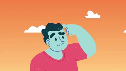 Confused man thinking with hand on head against orange sky background. Stock Footage 339212948