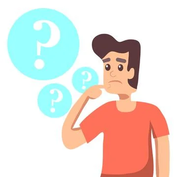 Confused man thinking with question marks bubbles flat vector illustration 库存插图