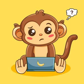 Confused Monkey Working on Laptop Vector Illustration 库存插图