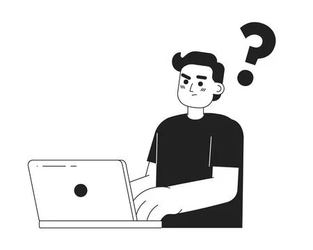 Confused programmer with laptop monochromatic flat vector character 스톡 일러스트