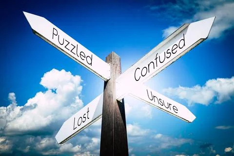 Confused, puzzled, lost, unsure concept - signpost with four arrows Stock Illustration