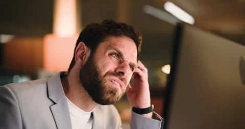 Confused, reading and businessman on computer at night with glitch, error or Stock Footage 316663773